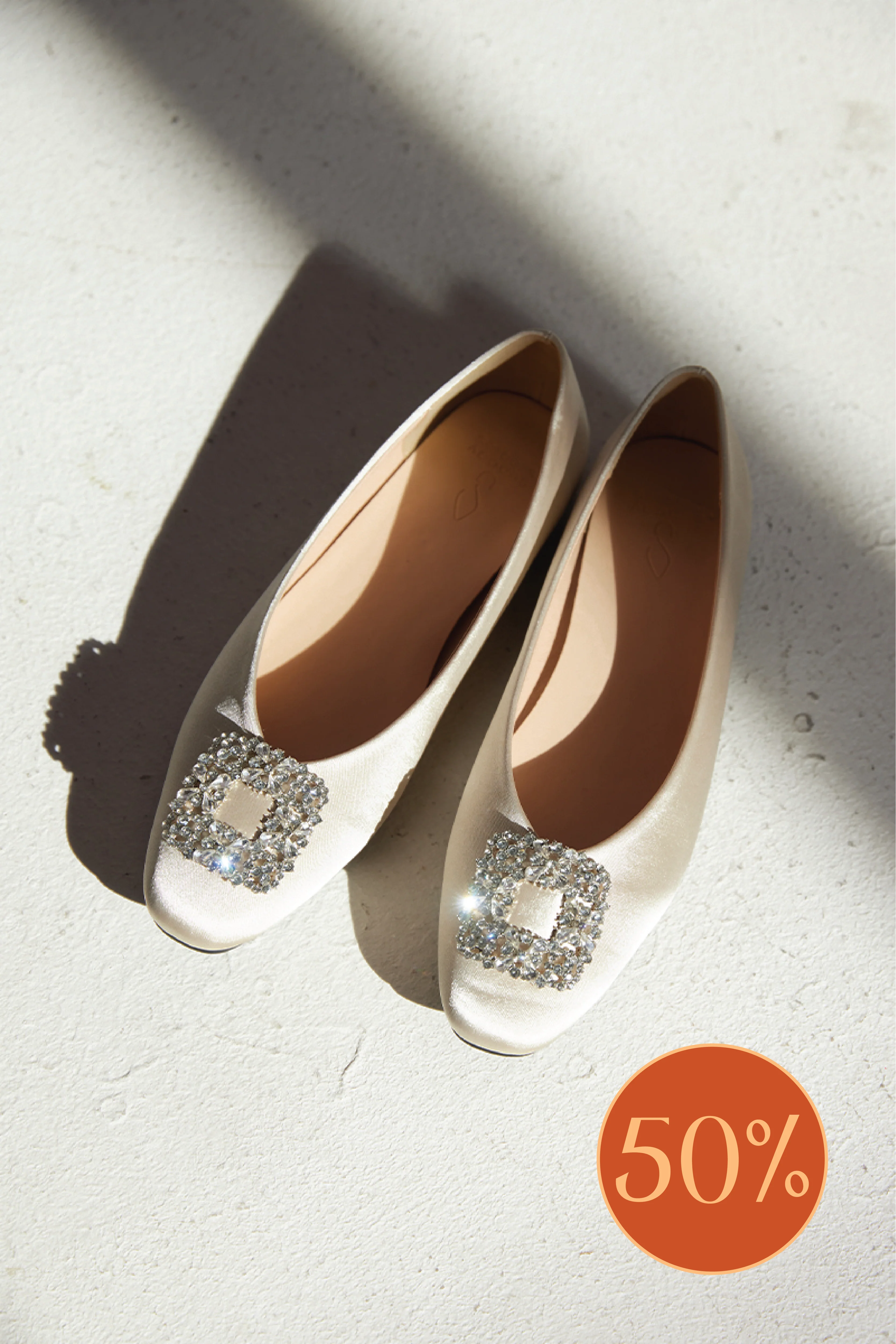 Alix Crystal Embellished Satin Flats in Pale Champagne