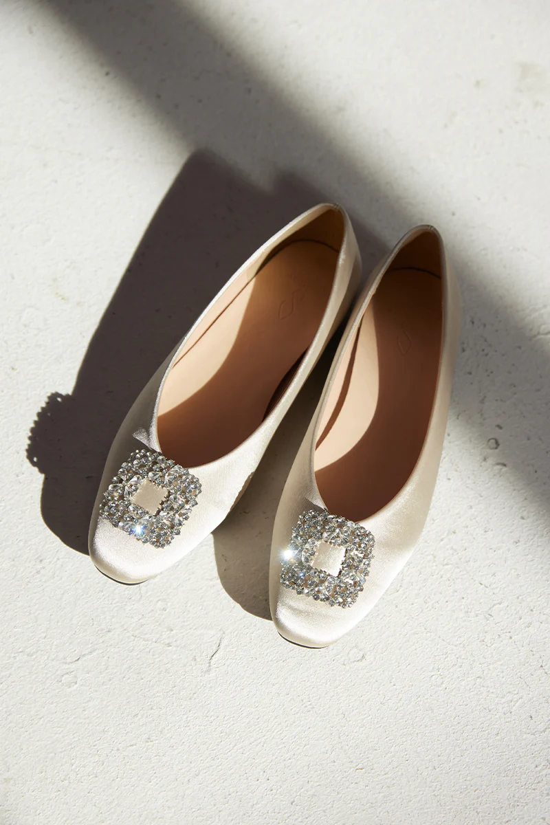 Alix Crystal Embellished Satin Flats in Pale Champagne - Image 4