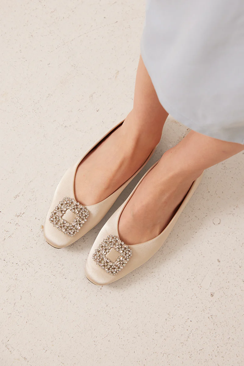 Alix Crystal Embellished Satin Flats in Pale Champagne - Image 7