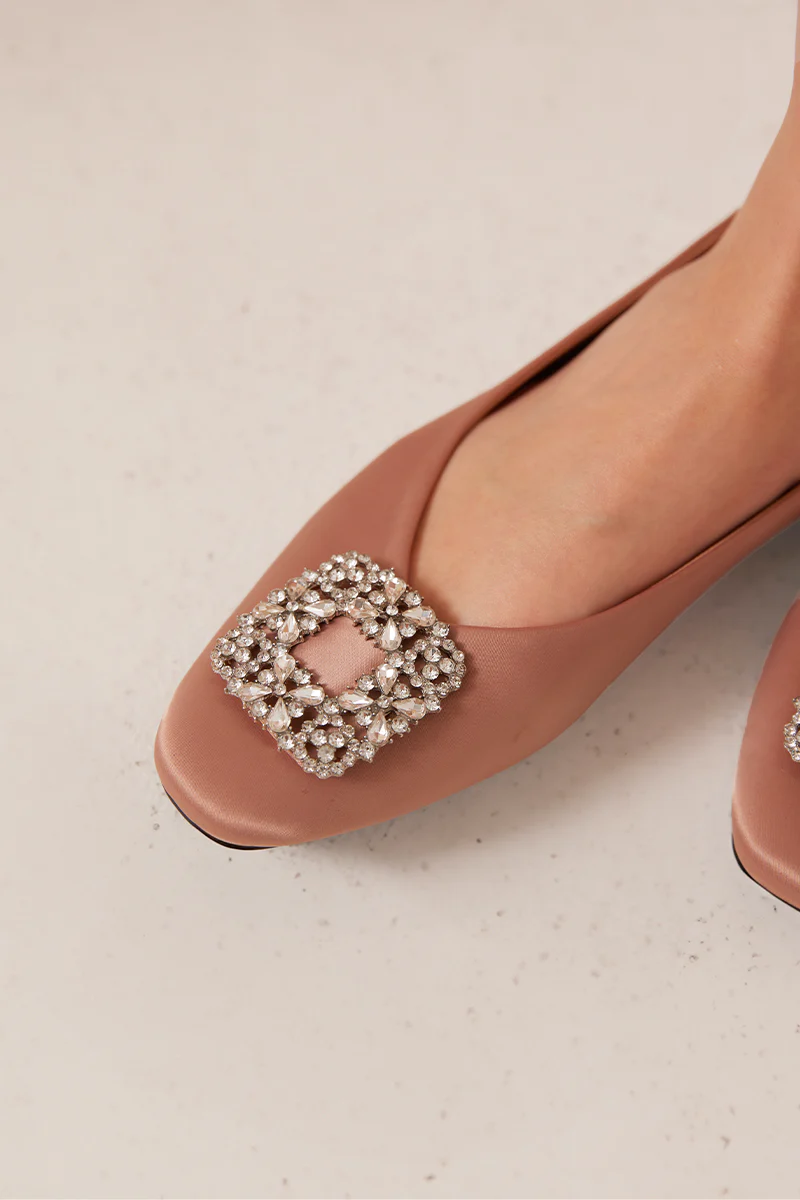 Alix Crystal Embellished Satin Flats in Rose Nude - Image 5