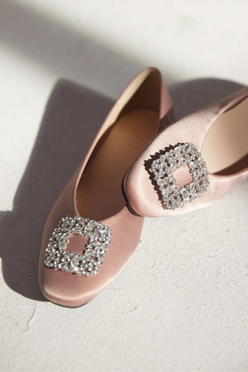 Alix Crystal Embellished Satin Flats in Rose Nude - Image 7