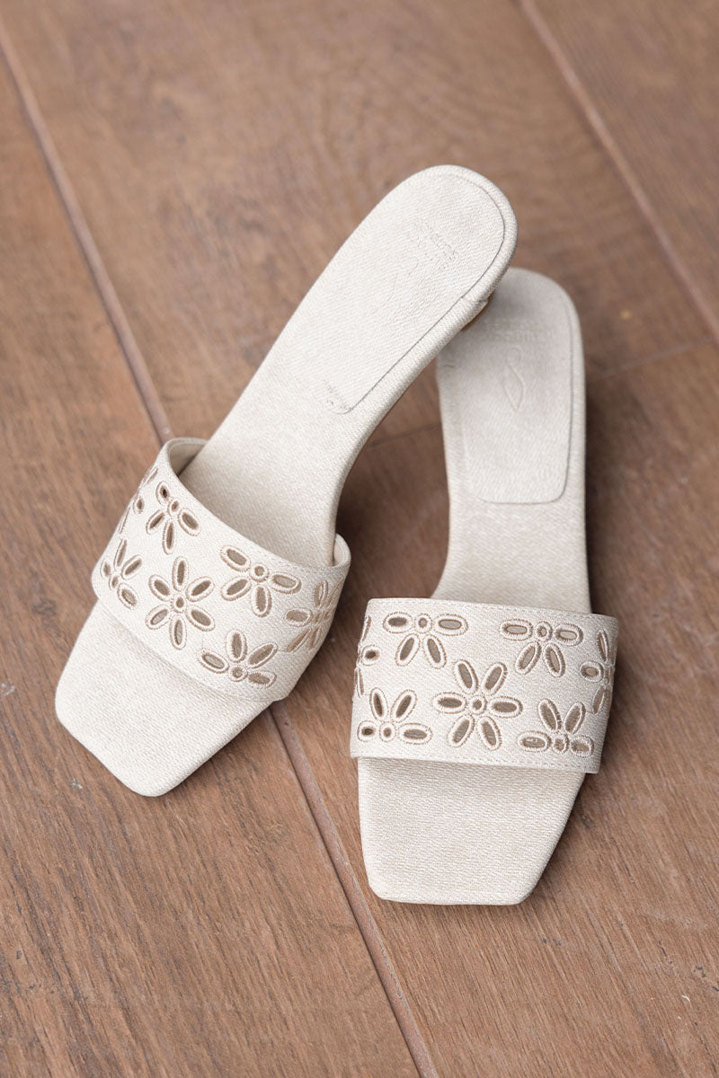 Alize Embroidered Kitten Heels in Waterproof Linen - Image 3