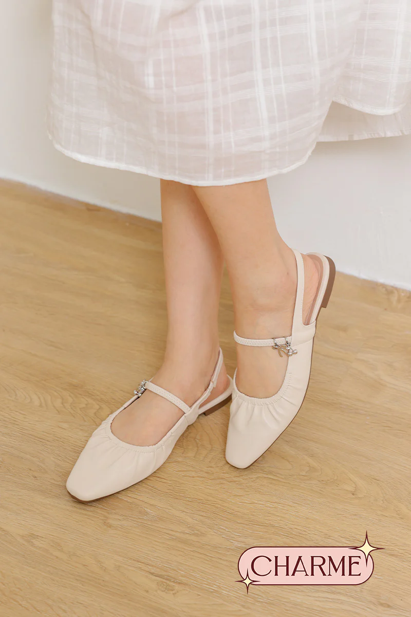 Alvara Charmé Ruching Slingback Flats in Cream