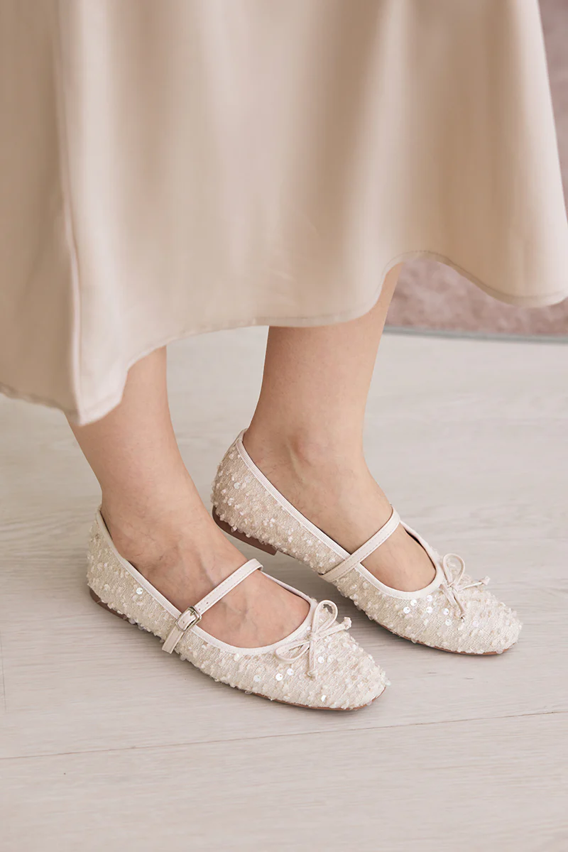 Arlisse Textured Sequin Maryjane Flats in Cream - Image 3
