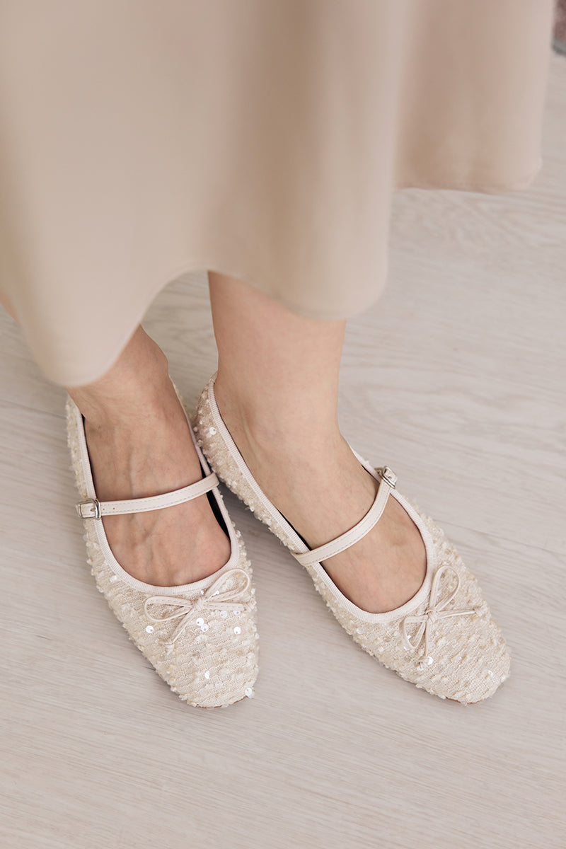 Arlisse Textured Sequin Maryjane Flats in Cream - Image 5