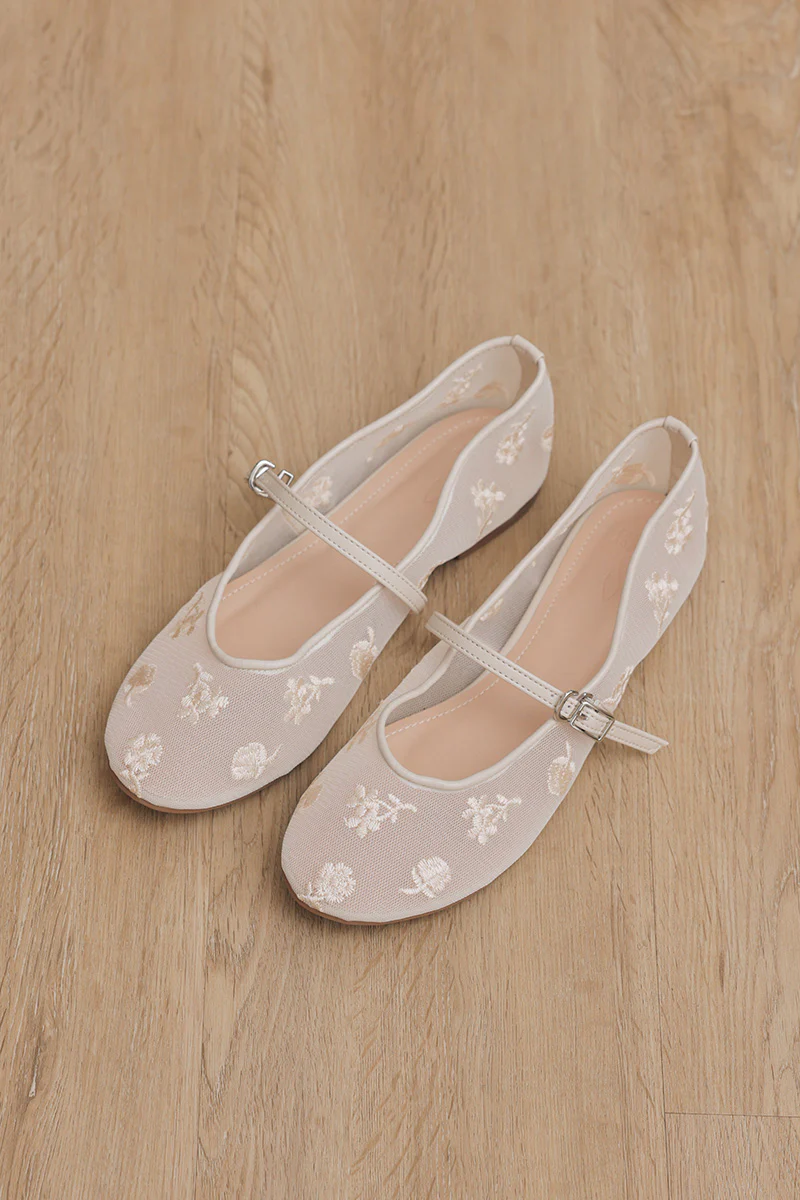 Aster Floral Mesh Maryjane Flats in Cream