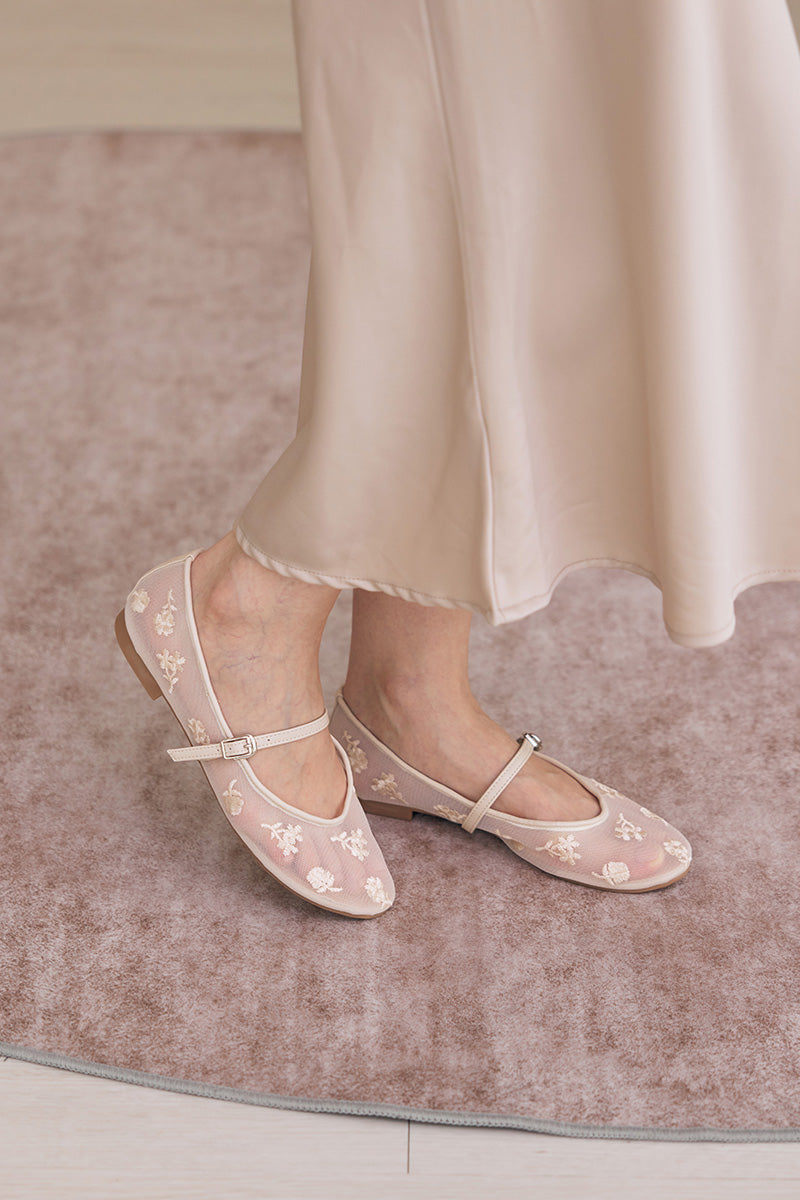 Aster Floral Mesh Maryjane Flats in Cream - Image 6