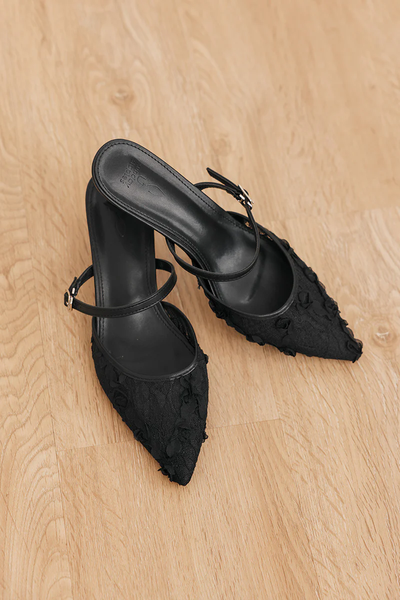 Aveline Embroidered Kitten Heels in Black - Image 3