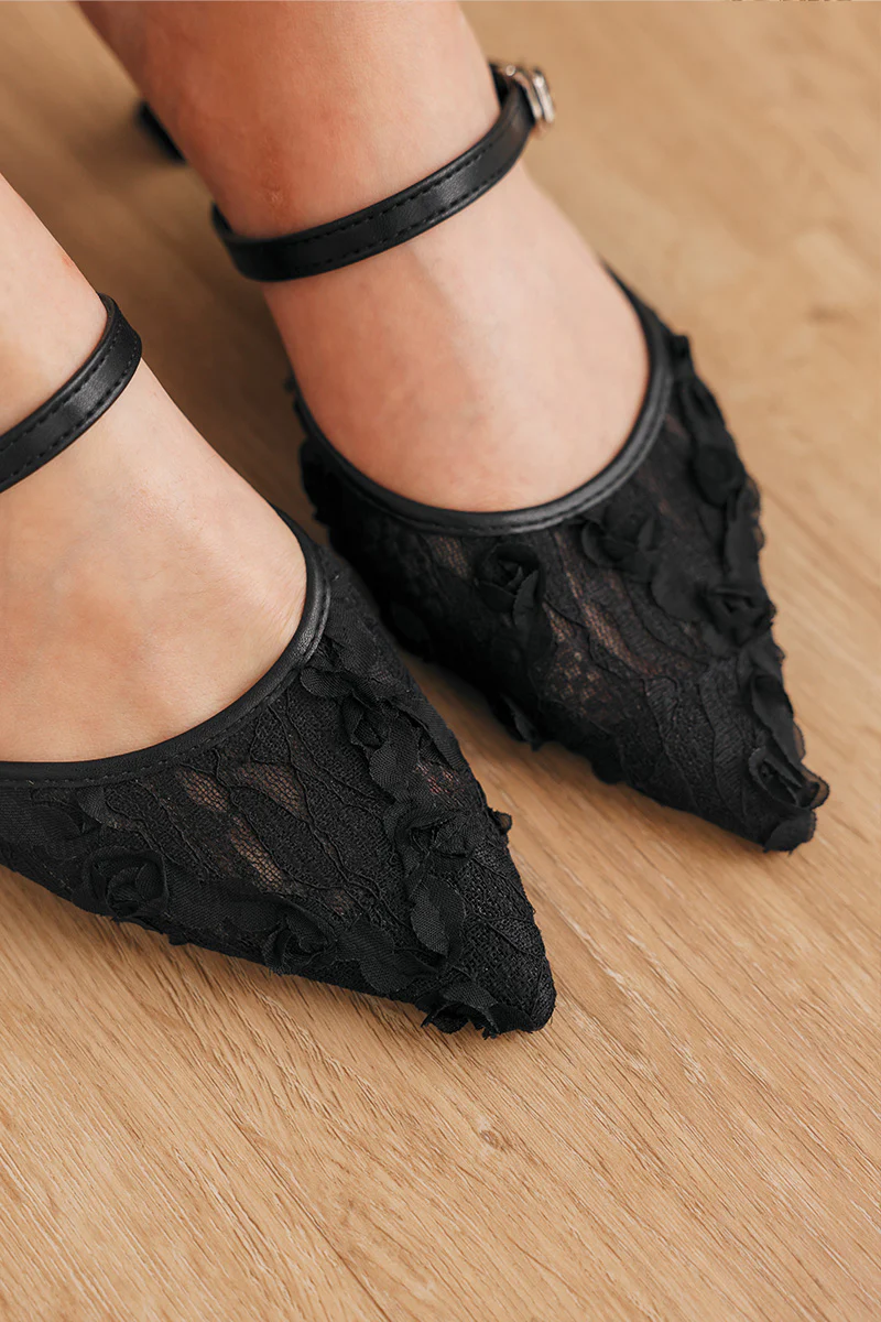 Aveline Embroidered Kitten Heels in Black - Image 4