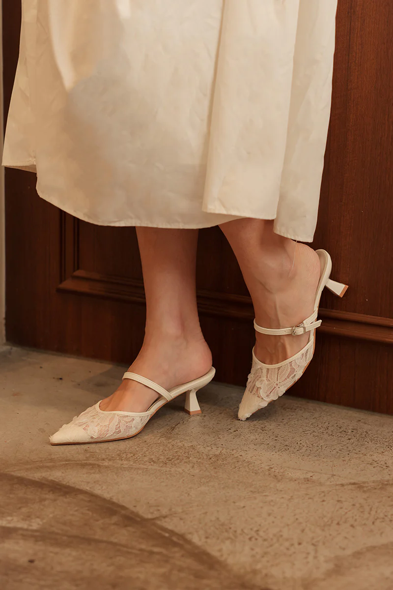 Aveline Embroidered Kitten Heels in Cream