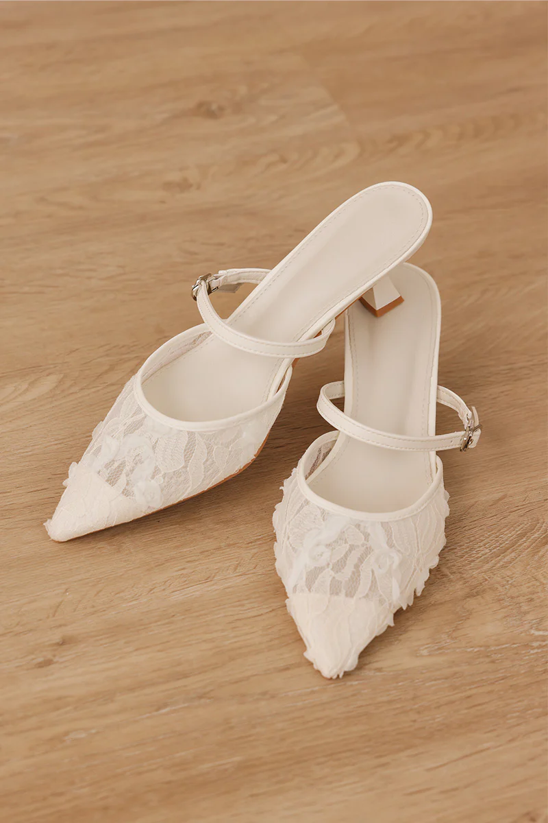 Aveline Embroidered Kitten Heels in Cream - Image 3
