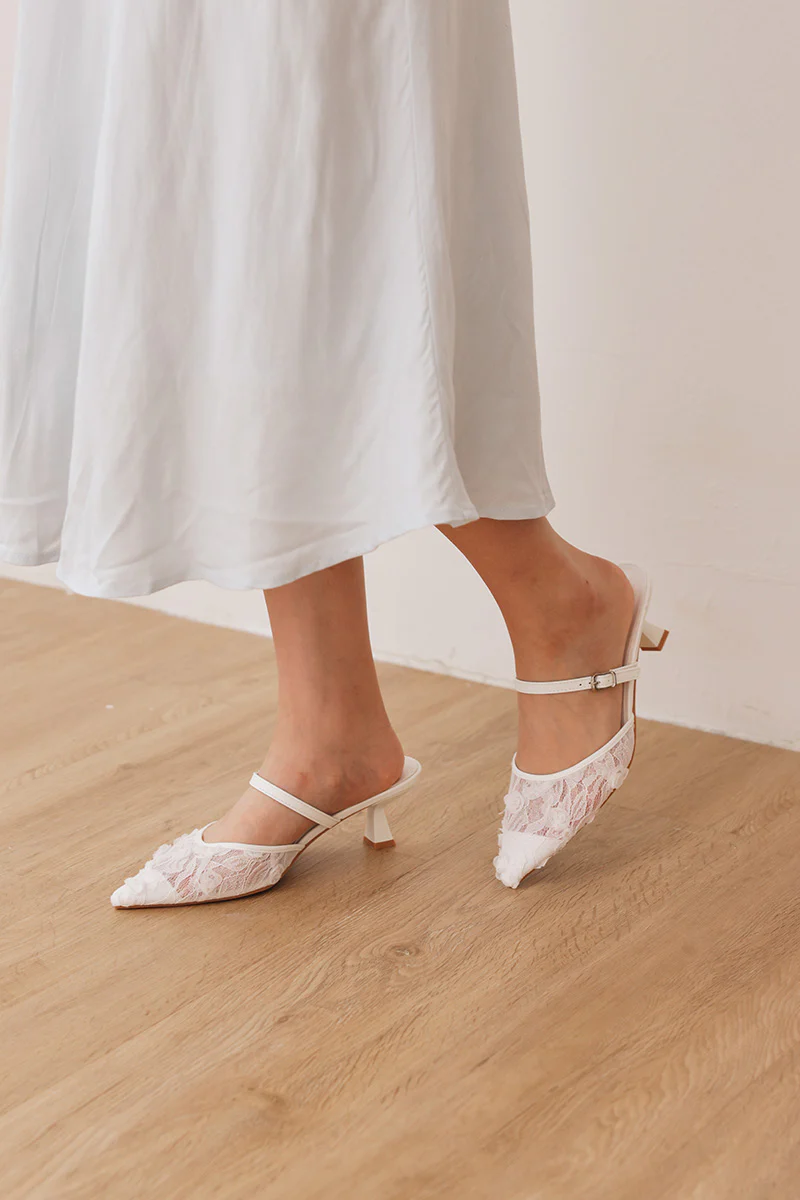 Aveline Embroidered Kitten Heels in White - Image 4