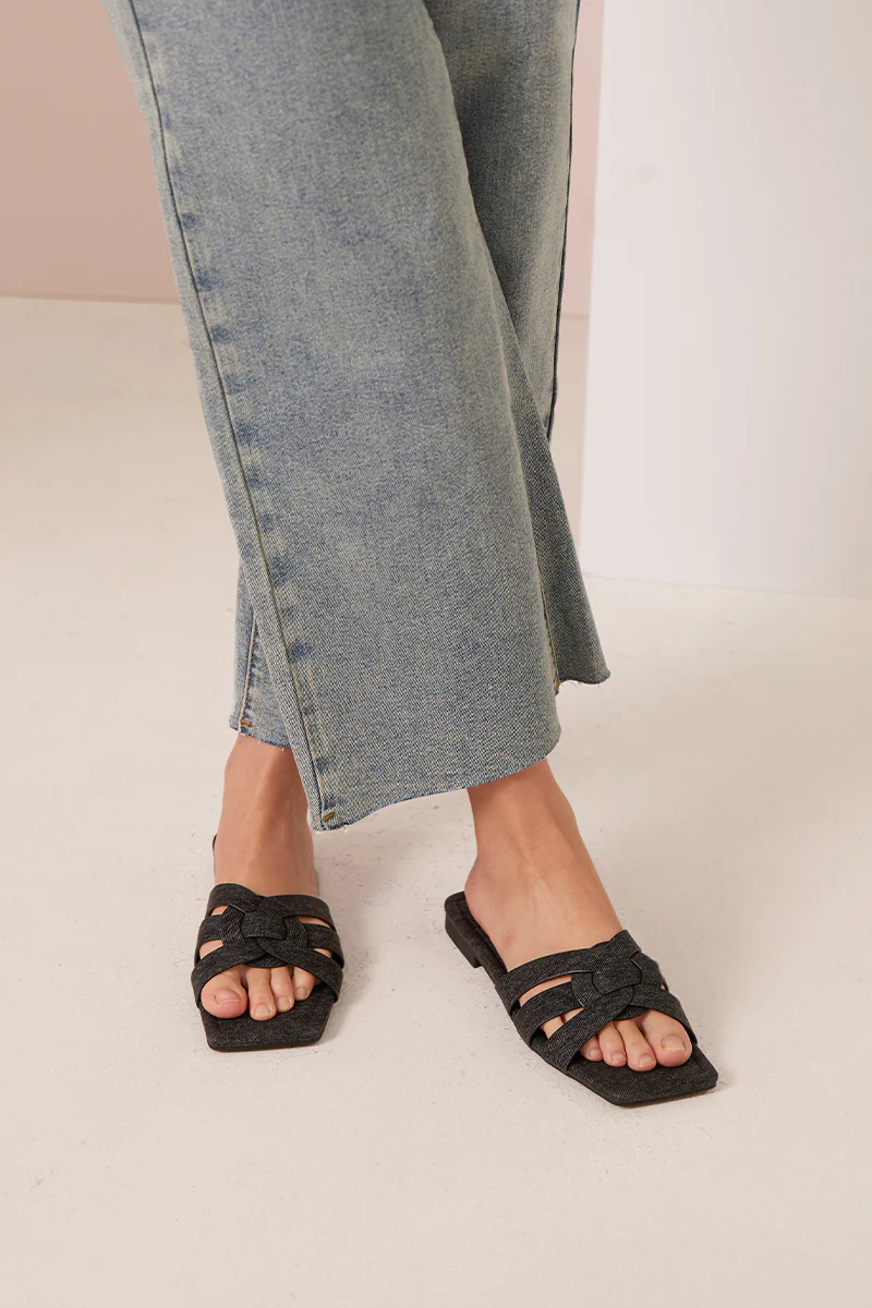 Billie Interlocking Sliders in Black Denim - Image 2
