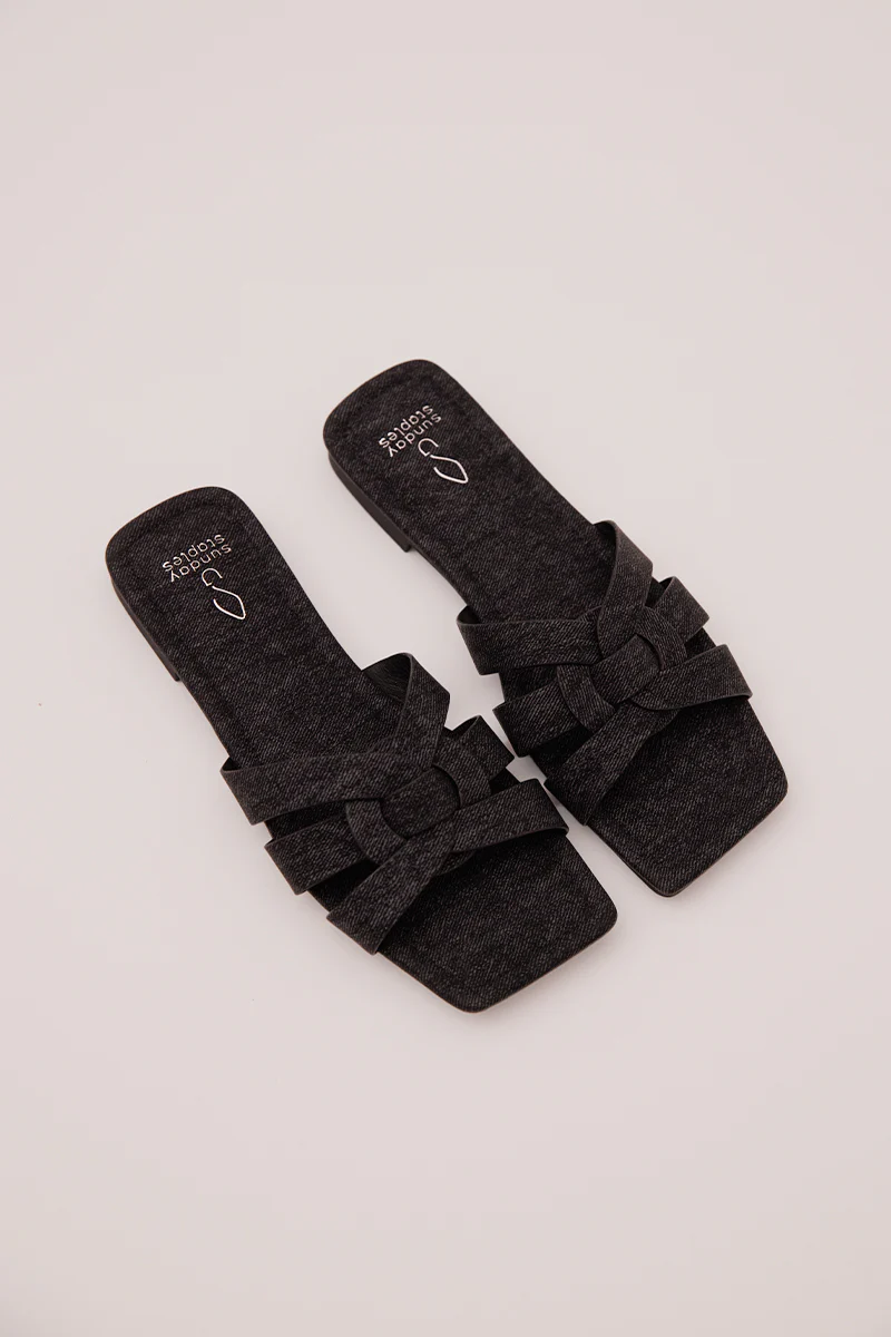 Billie Interlocking Sliders in Black Denim - Image 7