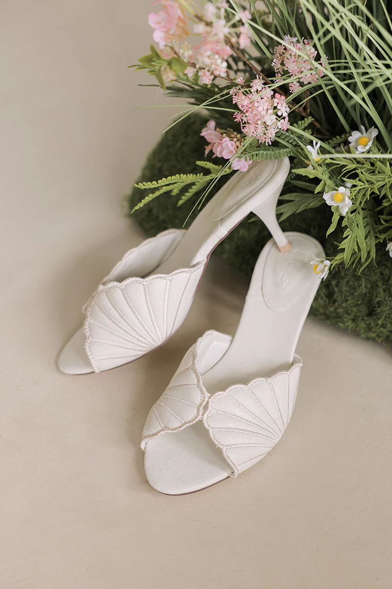Brisa Embroidered Heels in Cream Waterproof Satin