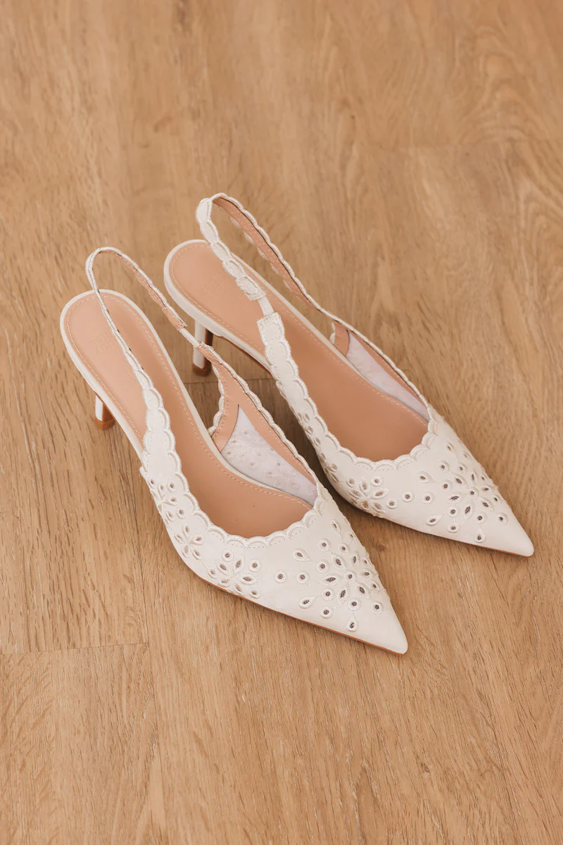 Calina Embroidered Slingback Heels in Cream Waterproof Satin - Image 4