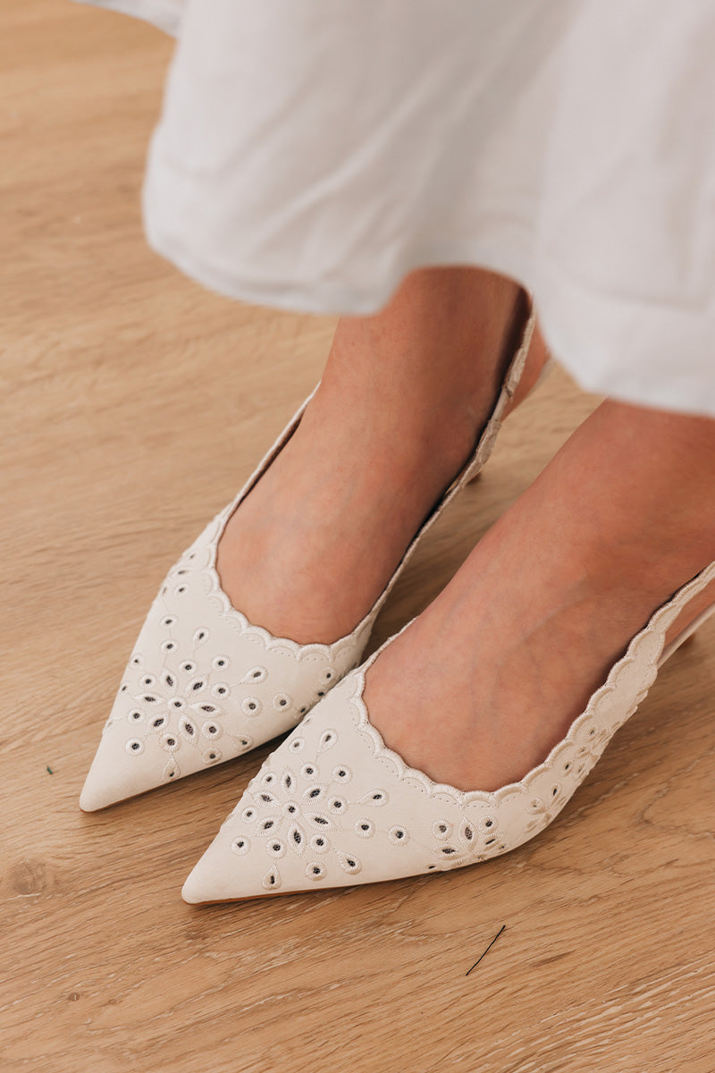 Calina Embroidered Slingback Heels in Cream Waterproof Satin - Image 6