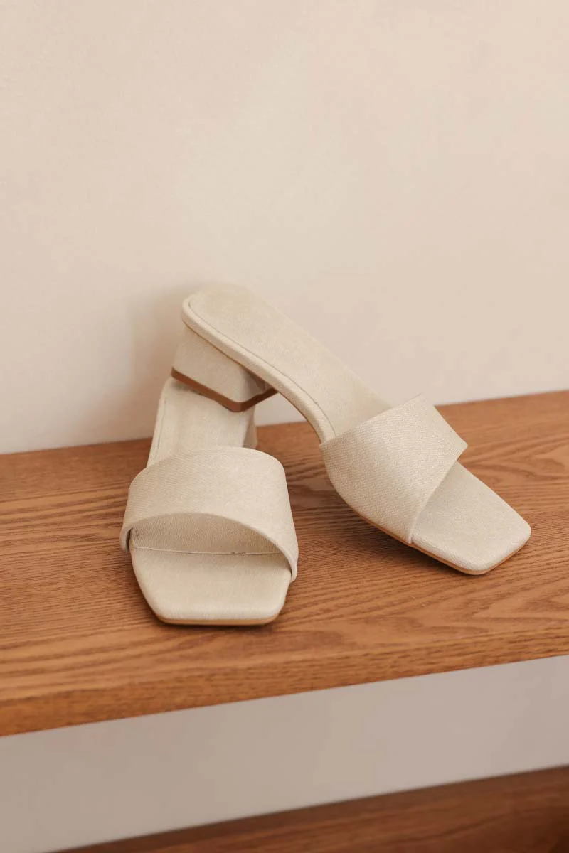 Carly Irregular Strap Heels in Waterproof Linen - Image 3