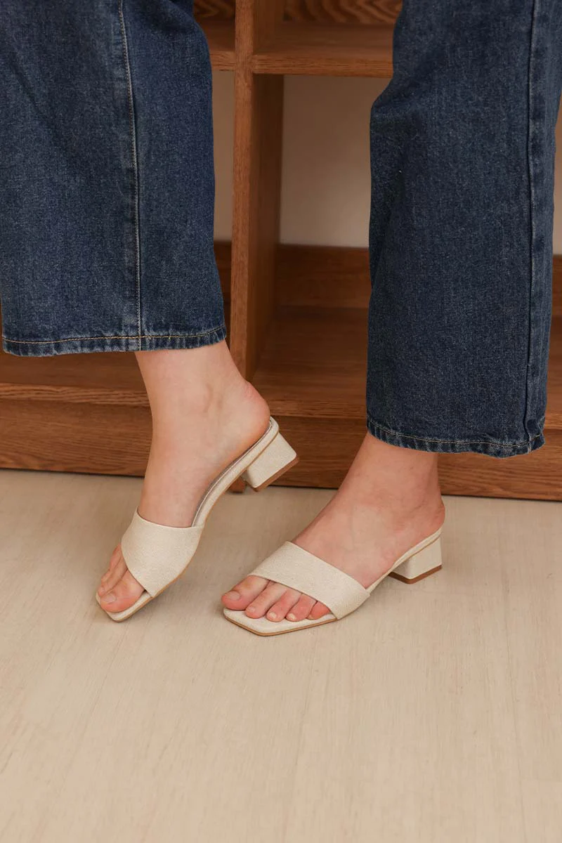 Carly Irregular Strap Heels in Waterproof Linen - Image 5