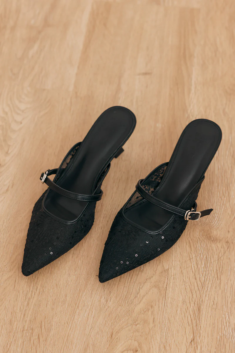 Eve Embroidered Kitten Heels in Black - Image 3