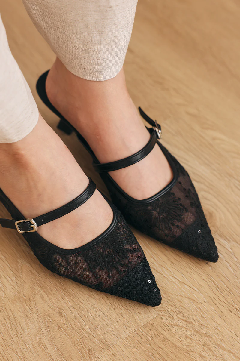 Eve Embroidered Kitten Heels in Black - Image 6
