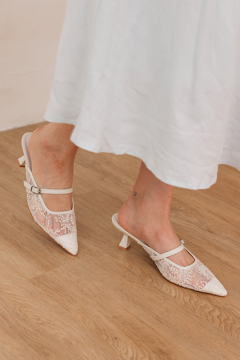 Eve Embroidered Kitten Heels in Cream - Image 4