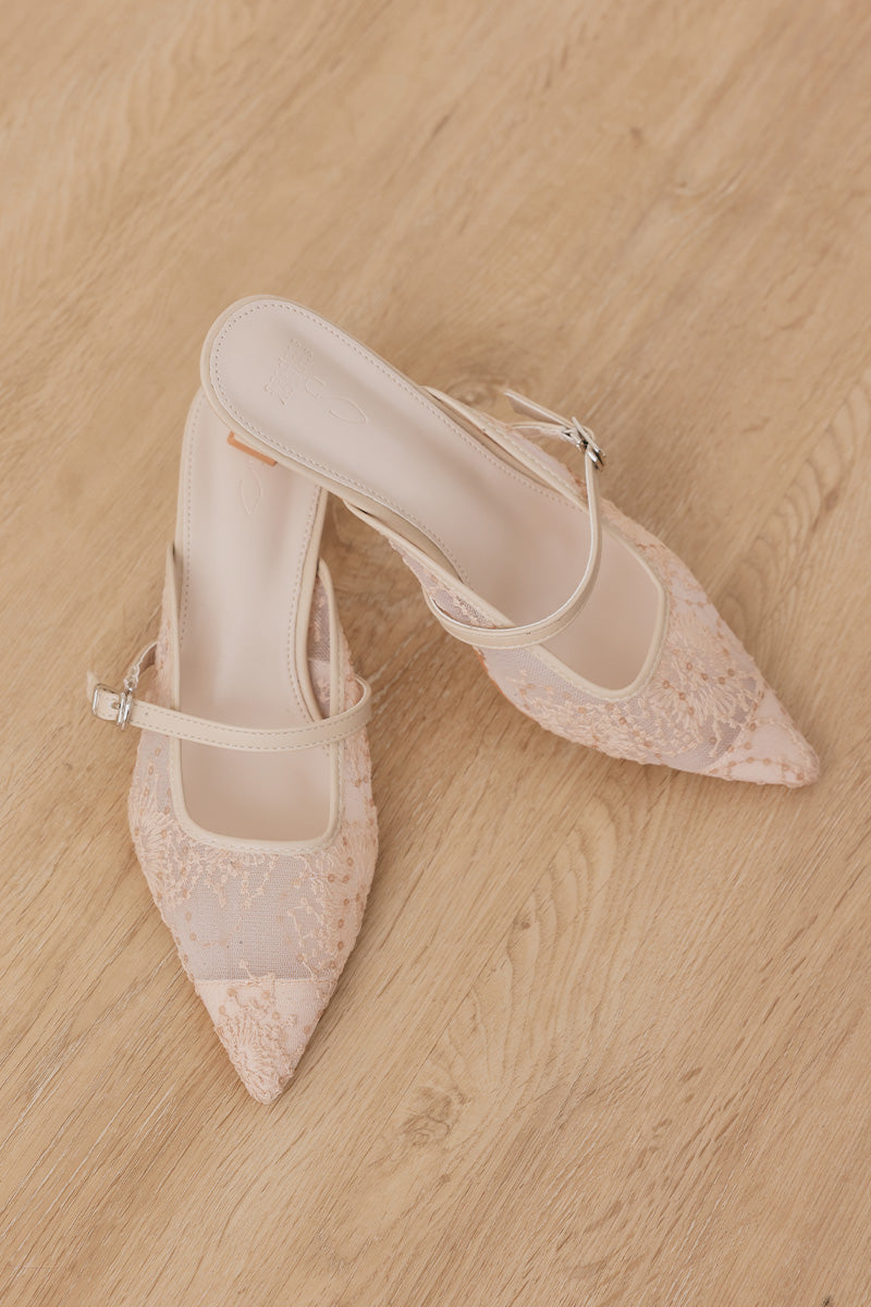 Eve Embroidered Kitten Heels in Nude