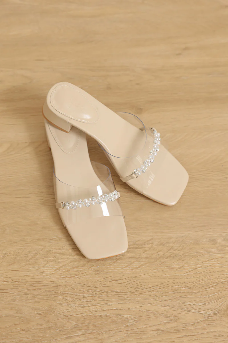 Fenna Vinyl Strap Pearl Buckle Heels in Nude