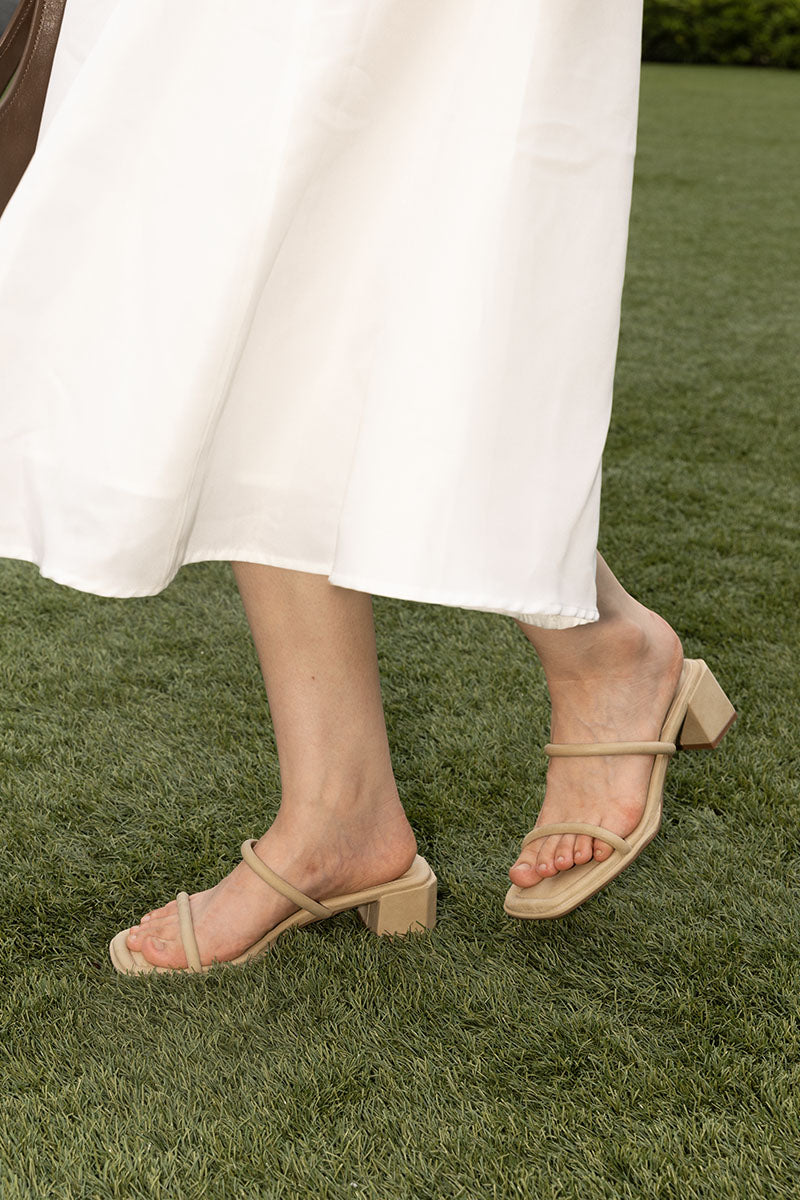 Guilia Puffy Strappy Block Heels in Taupe Waterproof Suede