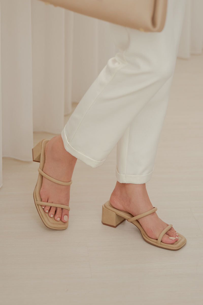 Guilia Puffy Strappy Block Heels in Taupe Waterproof Suede - Image 3