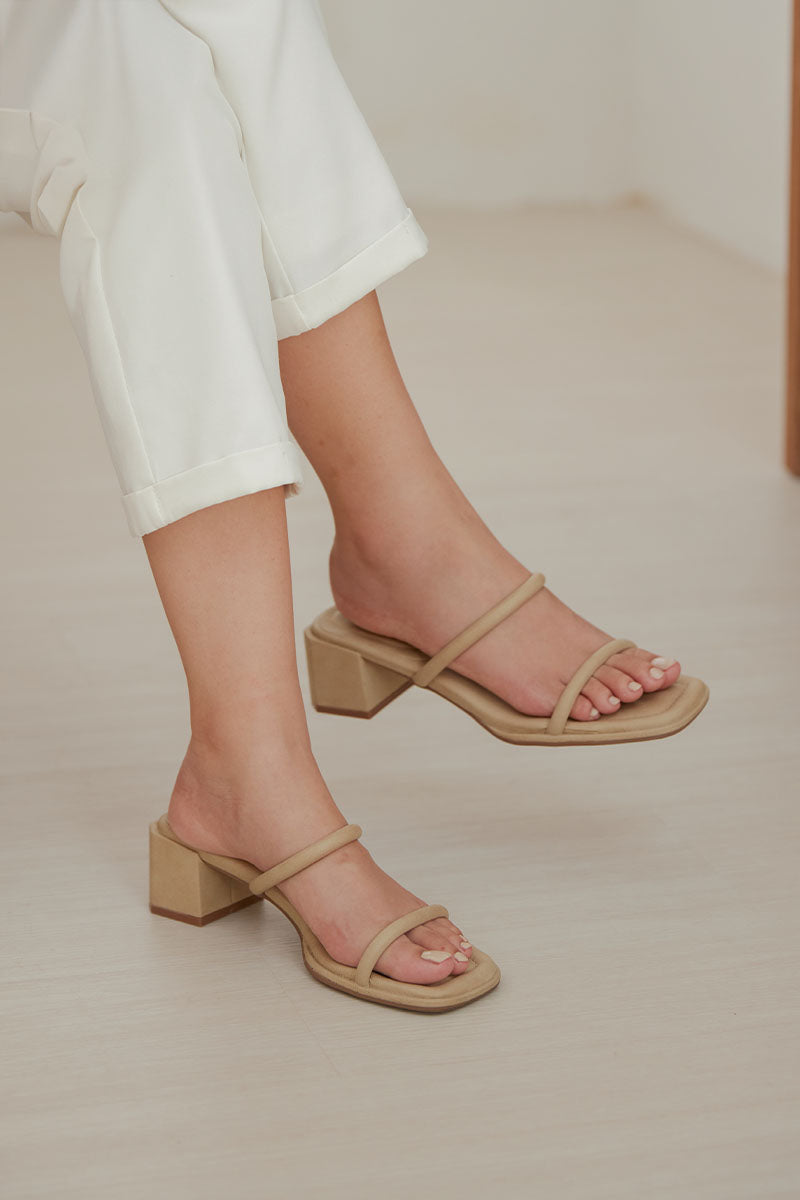 Guilia Puffy Strappy Block Heels in Taupe Waterproof Suede - Image 4