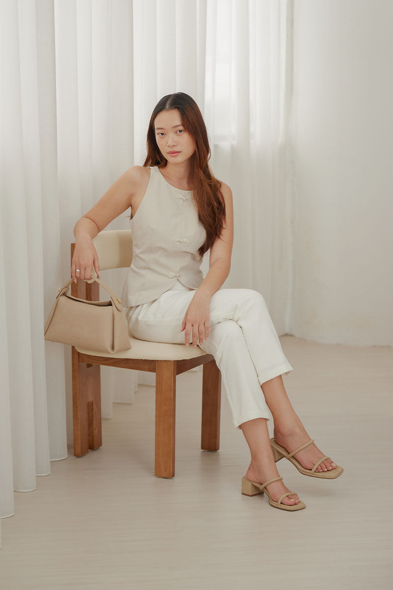 Guilia Puffy Strappy Block Heels in Taupe Waterproof Suede - Image 6