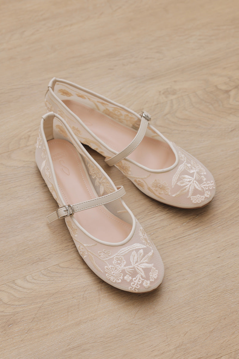 Haisley Floral Mesh Maryjane Flats in Cream - Image 6