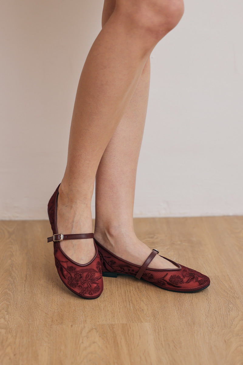 Haisley Floral Mesh Maryjane Flats in Wine - Image 3