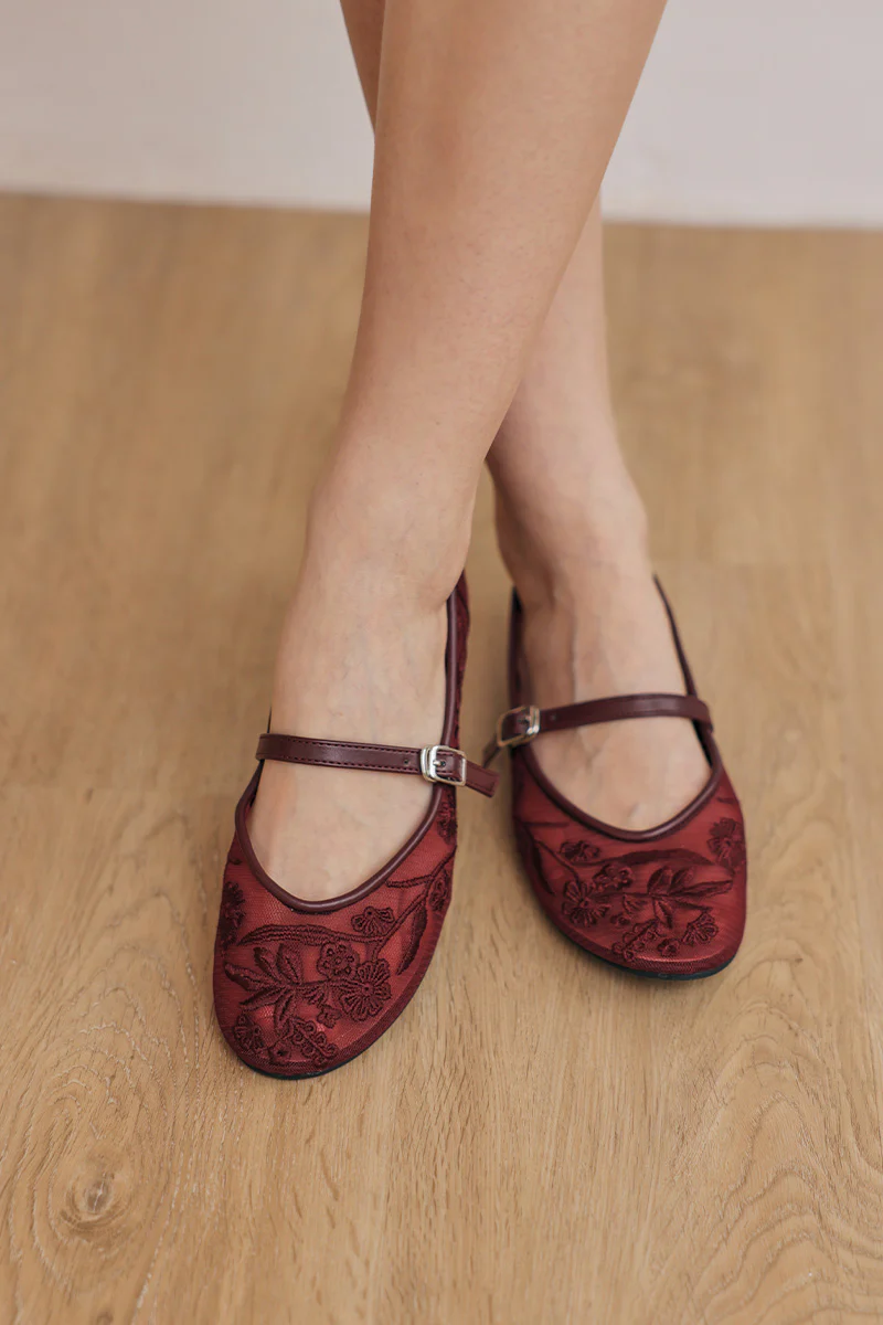 Haisley Floral Mesh Maryjane Flats in Wine - Image 6