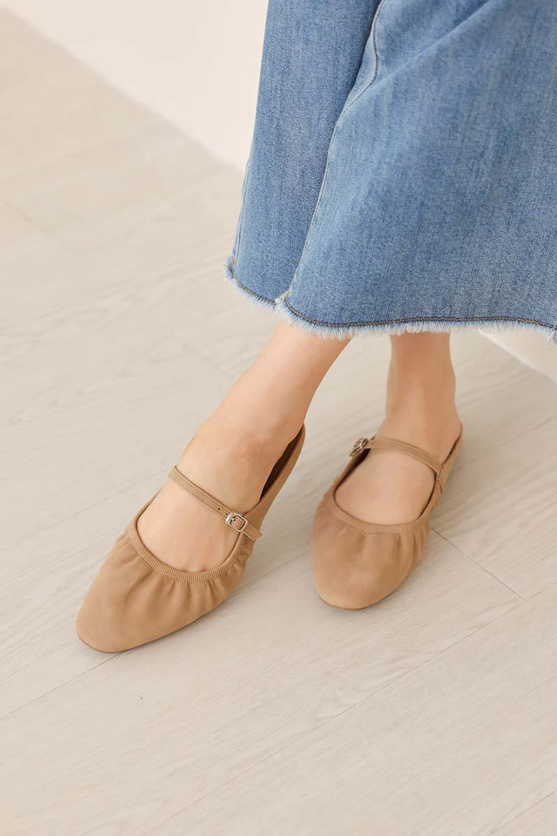 Halcy Ruching Flats in Taupe Waterproof Suede - Image 3