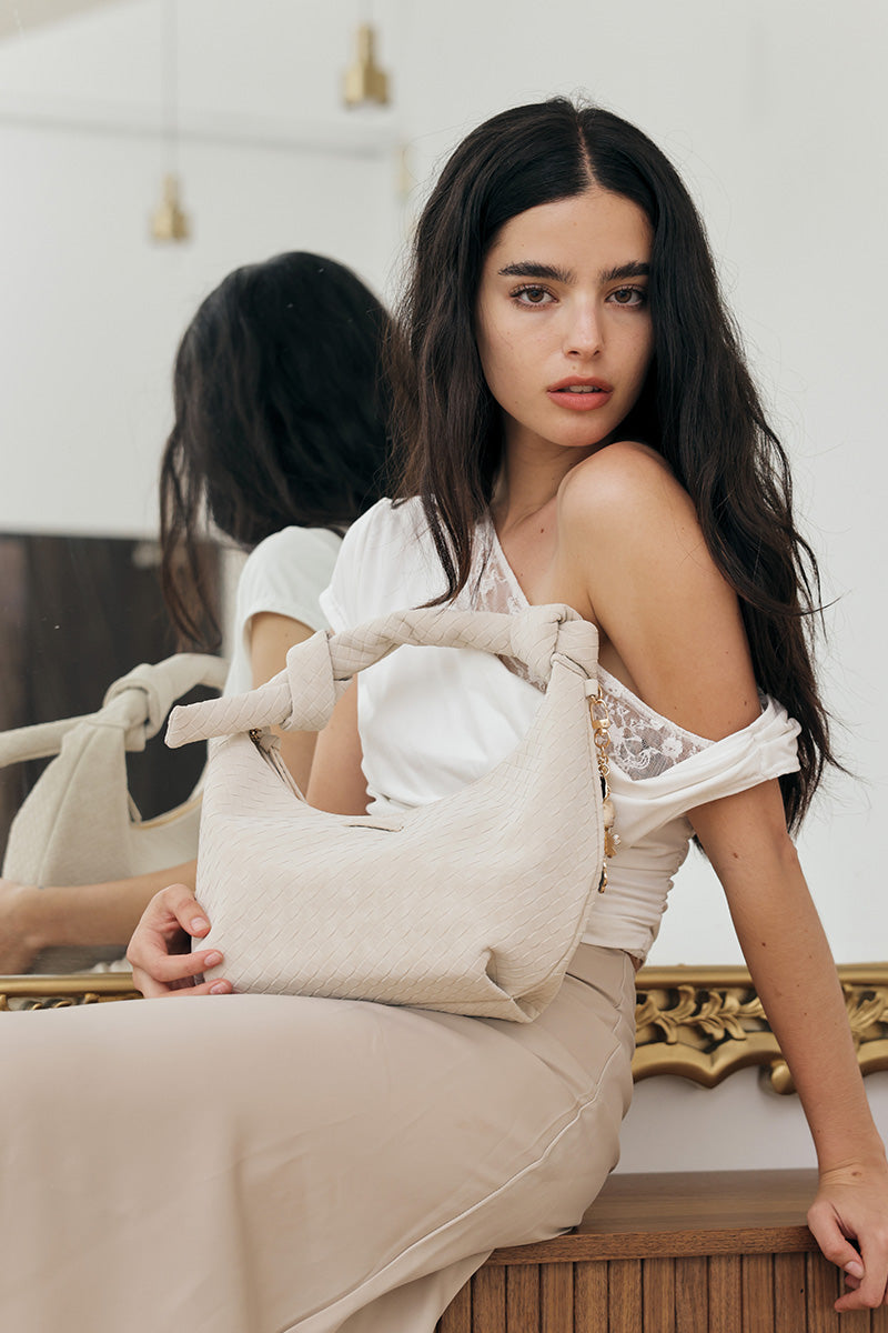 Kyoto Knotted Weaved Shoulder Bag in Cream - Image 4