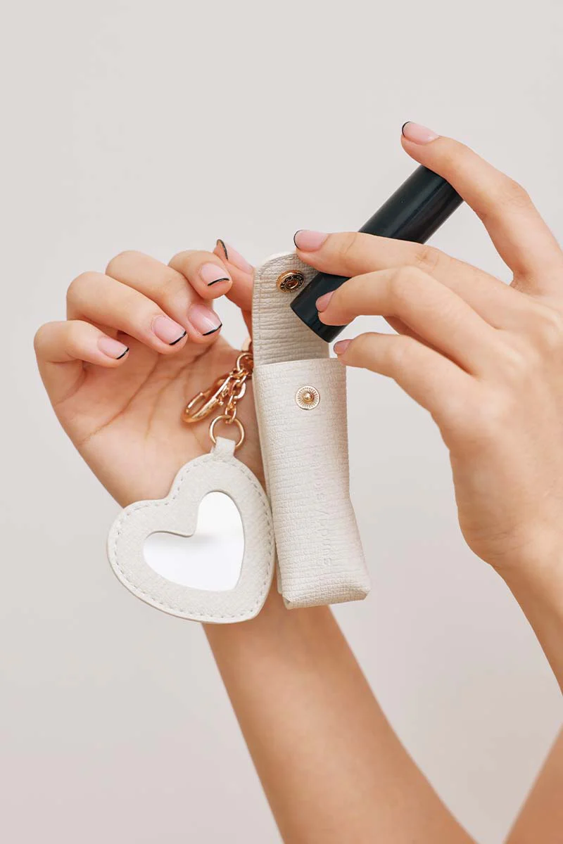 Lipstick Case with Mirror Keychain in Cream - Image 3
