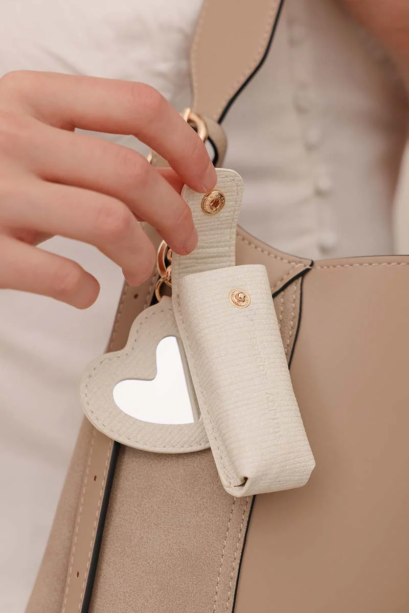 Lipstick Case with Mirror Keychain in Cream - Image 5