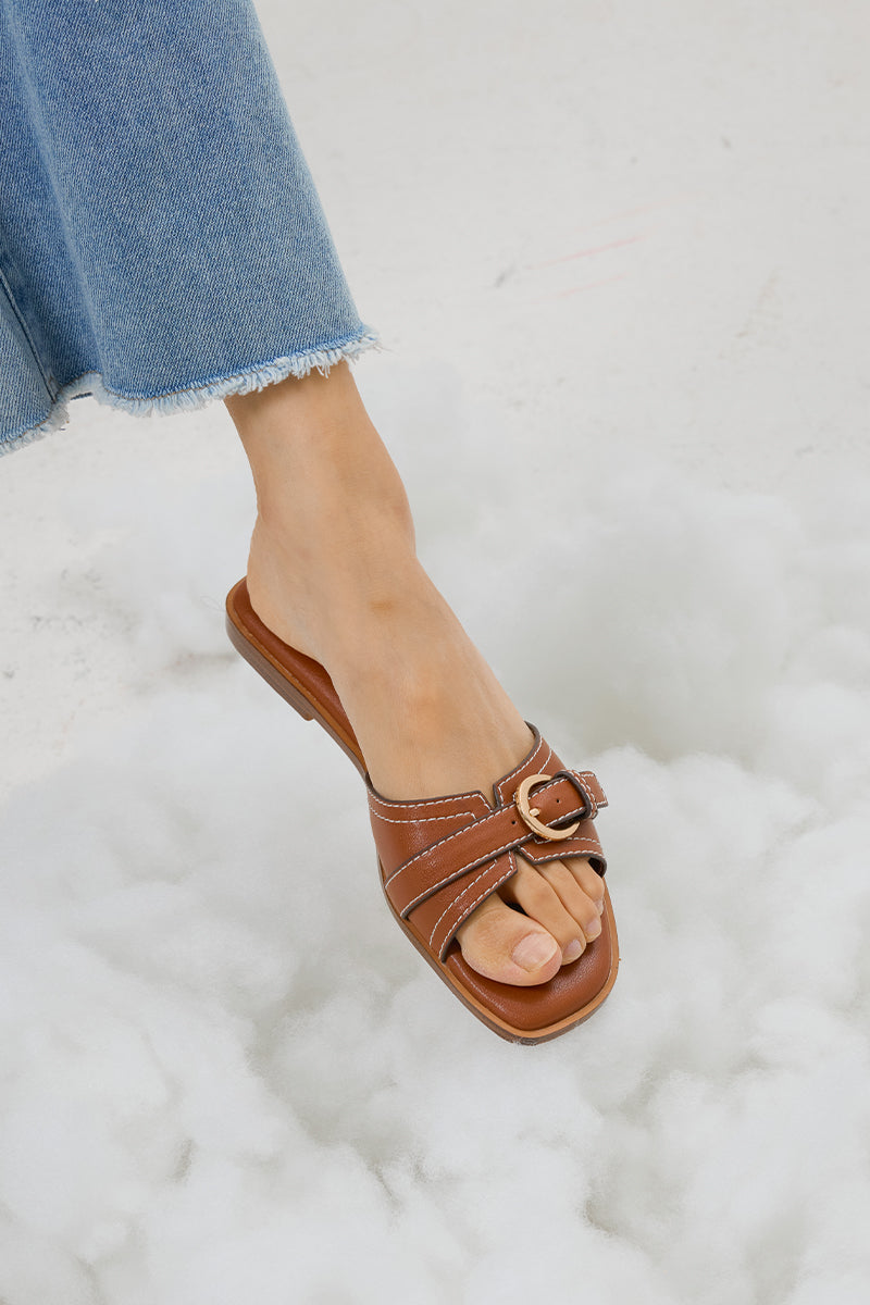 Liria Buckle Cloud Sliders in Caramel - Image 5