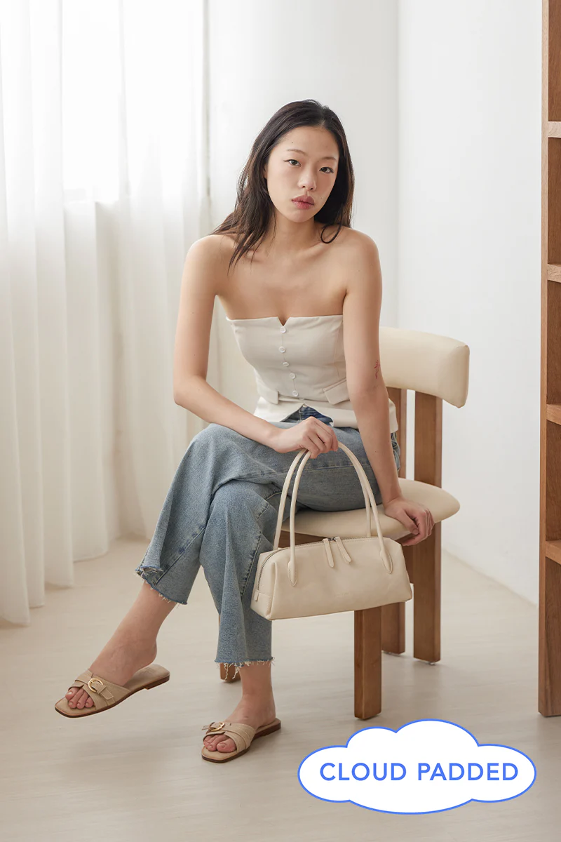 Liria Buckle Cloud Sliders in Taupe Waterproof Suede
