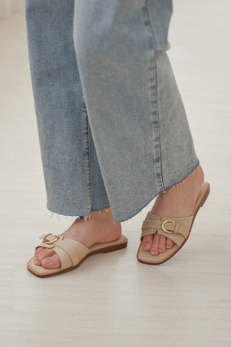 Liria Buckle Cloud Sliders in Taupe Waterproof Suede - Image 2