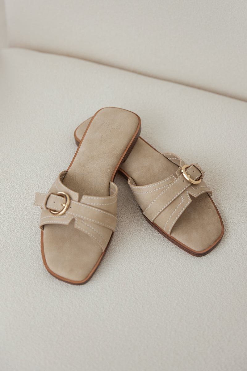 Liria Buckle Cloud Sliders in Taupe Waterproof Suede - Image 4
