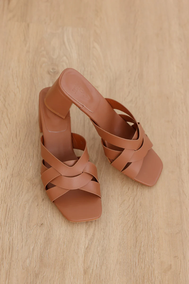 Luma Interlocking Block Heels in Tan Brown - Image 4