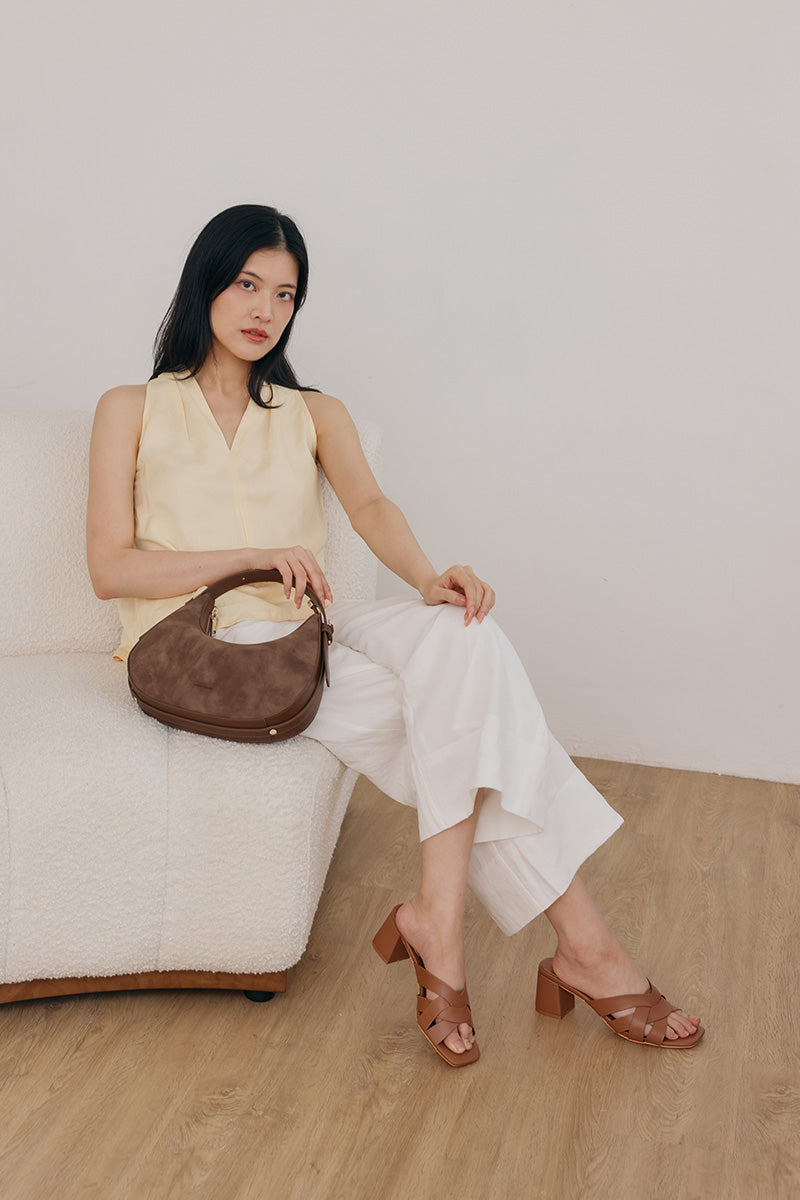 Luma Interlocking Block Heels in Tan Brown - Image 6