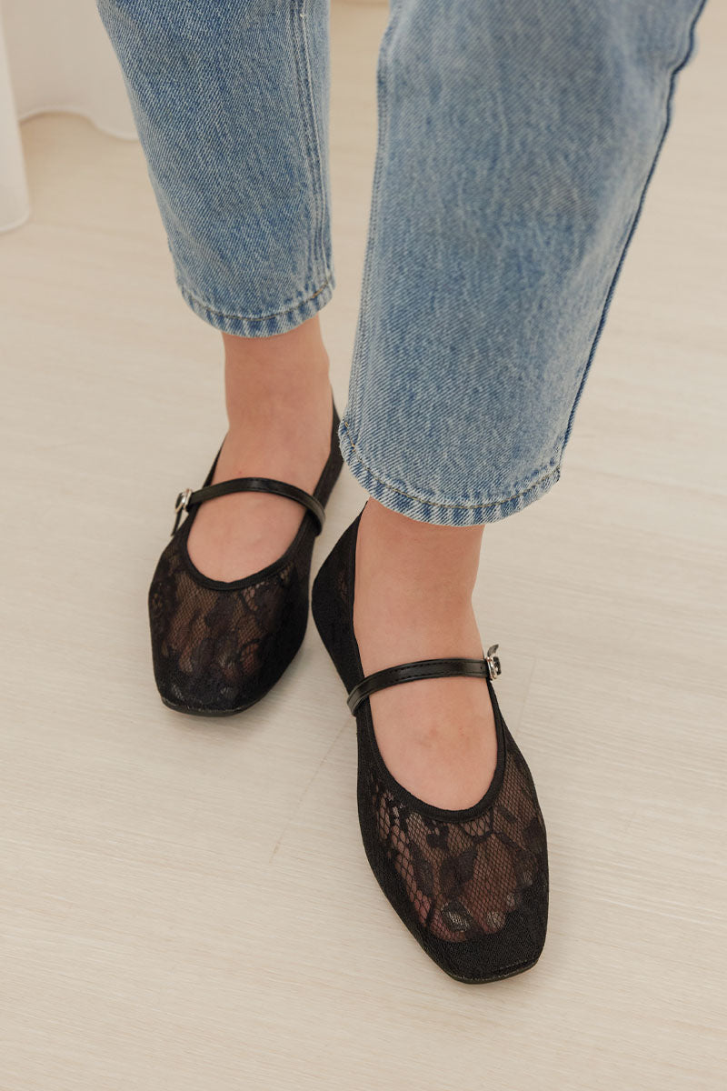 Lunaire Lace Mesh Maryjane Flats in Black - Image 6