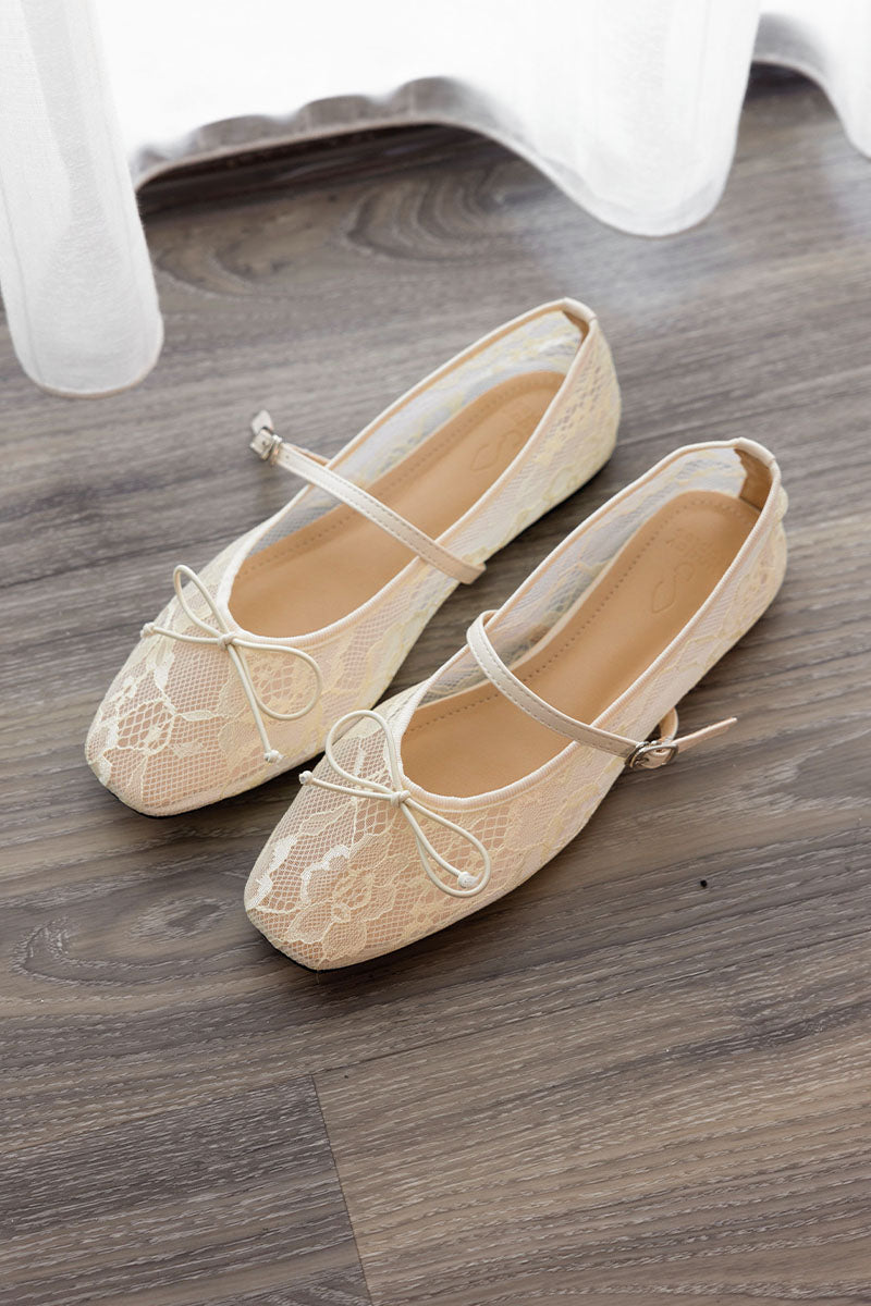 Lunaire Lace Mesh Maryjane Flats in Cream - Image 6