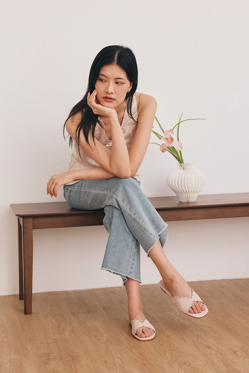 Luvina Embroidered Sliders in Nude Pink Waterproof Satin - Image 3