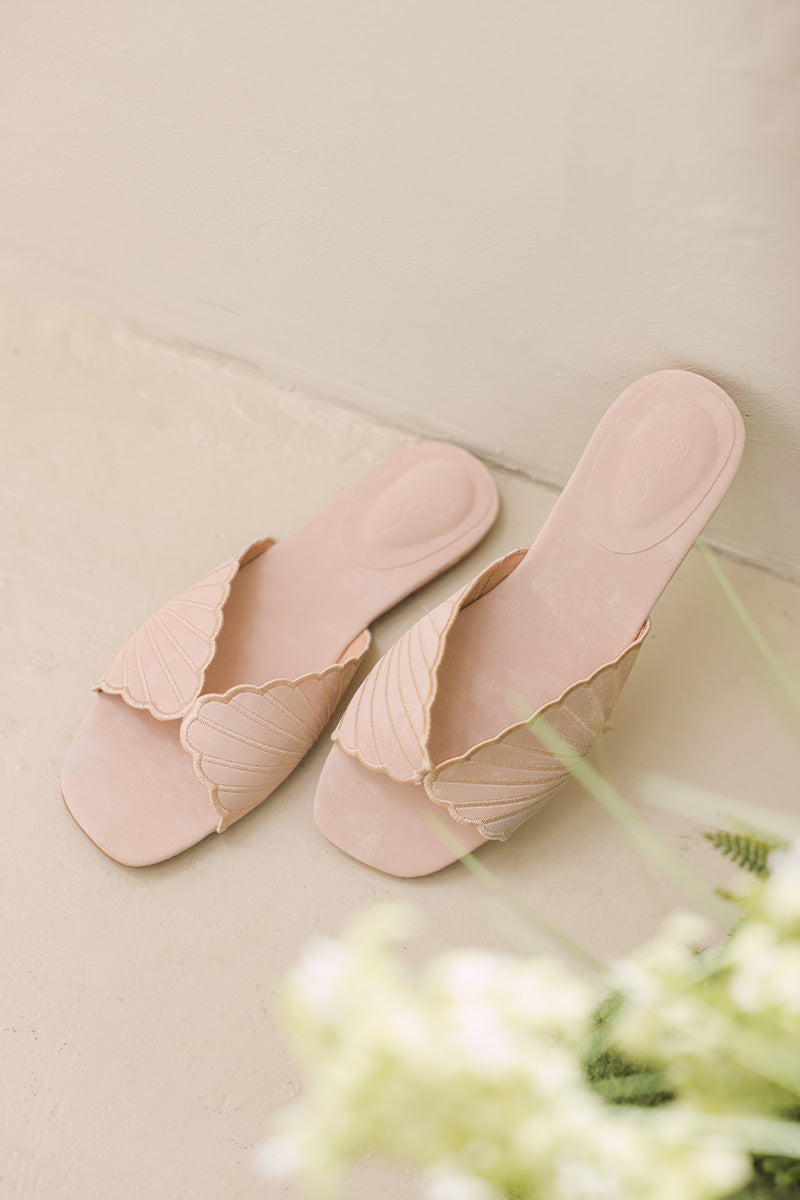 Luvina Embroidered Sliders in Nude Pink Waterproof Satin - Image 6