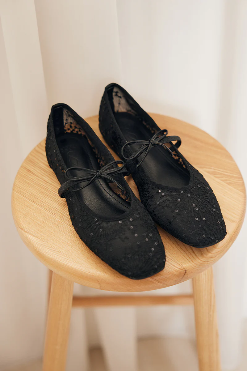 Mirielle Embroided Ribbon Flats in Black